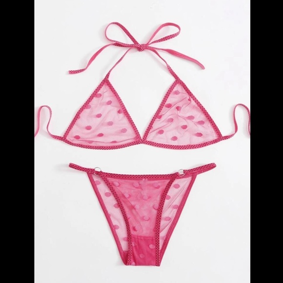 Pink, Polka Dot, Mesh, Lingerie Set - Picture 2 of 6